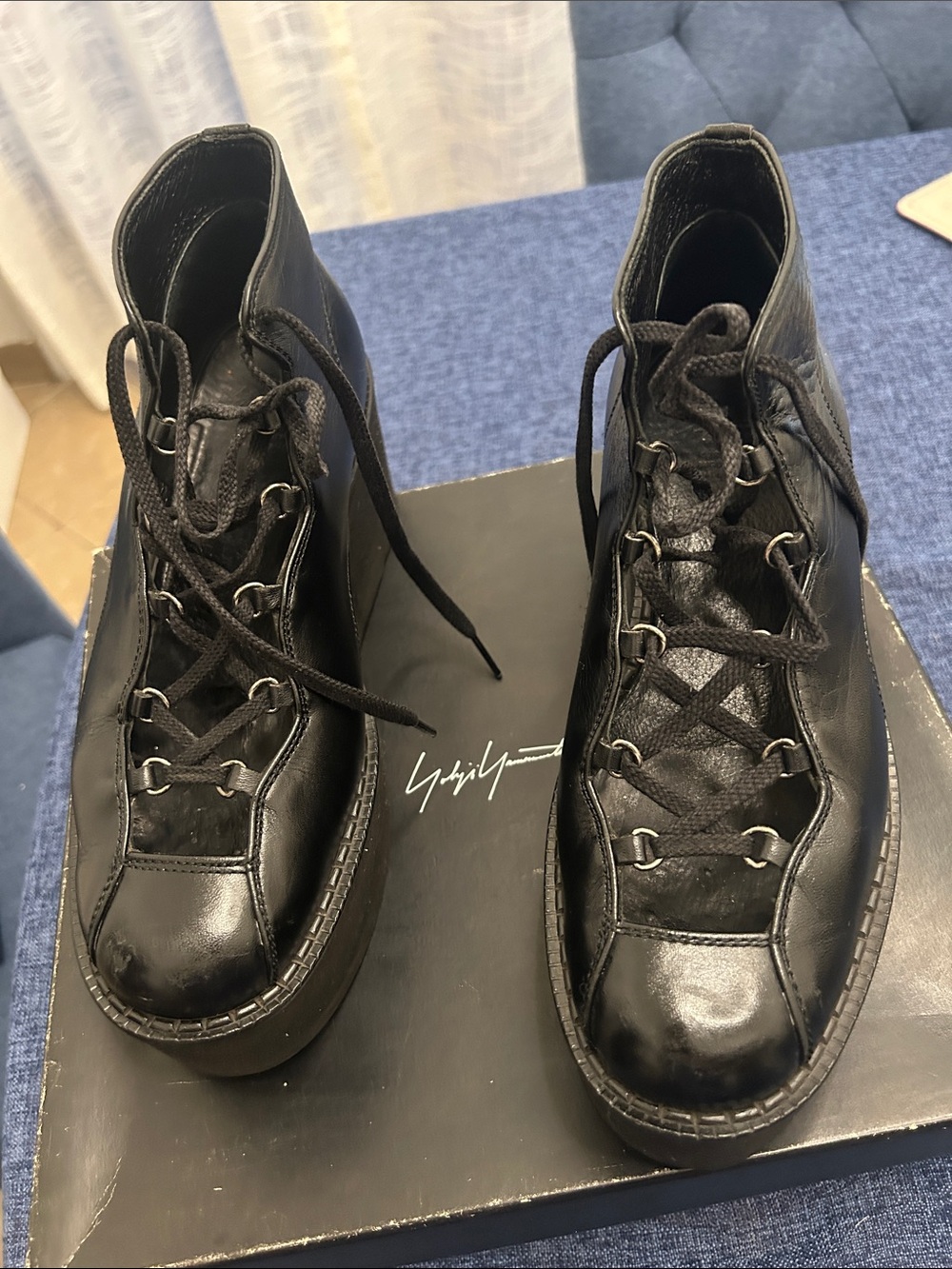 Yohji Yamamoto Black Leather Lace-Up Ankle Boots with Chunky Sole